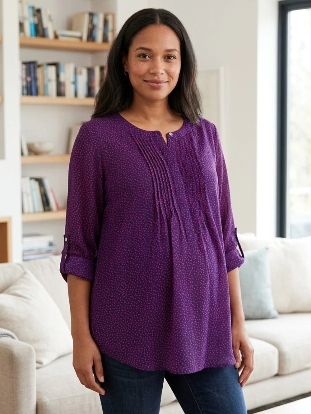 Motherhood Maternity navy/ magenta polka-dot sheer long-sleeved tab shirt size S